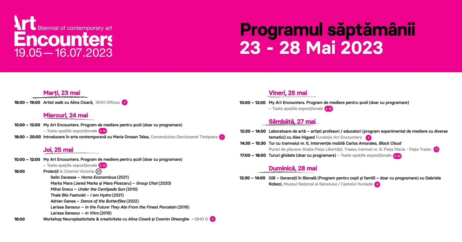 Programul săptămânii 23 - 28 Mai | Bienala Art Encounters 2023