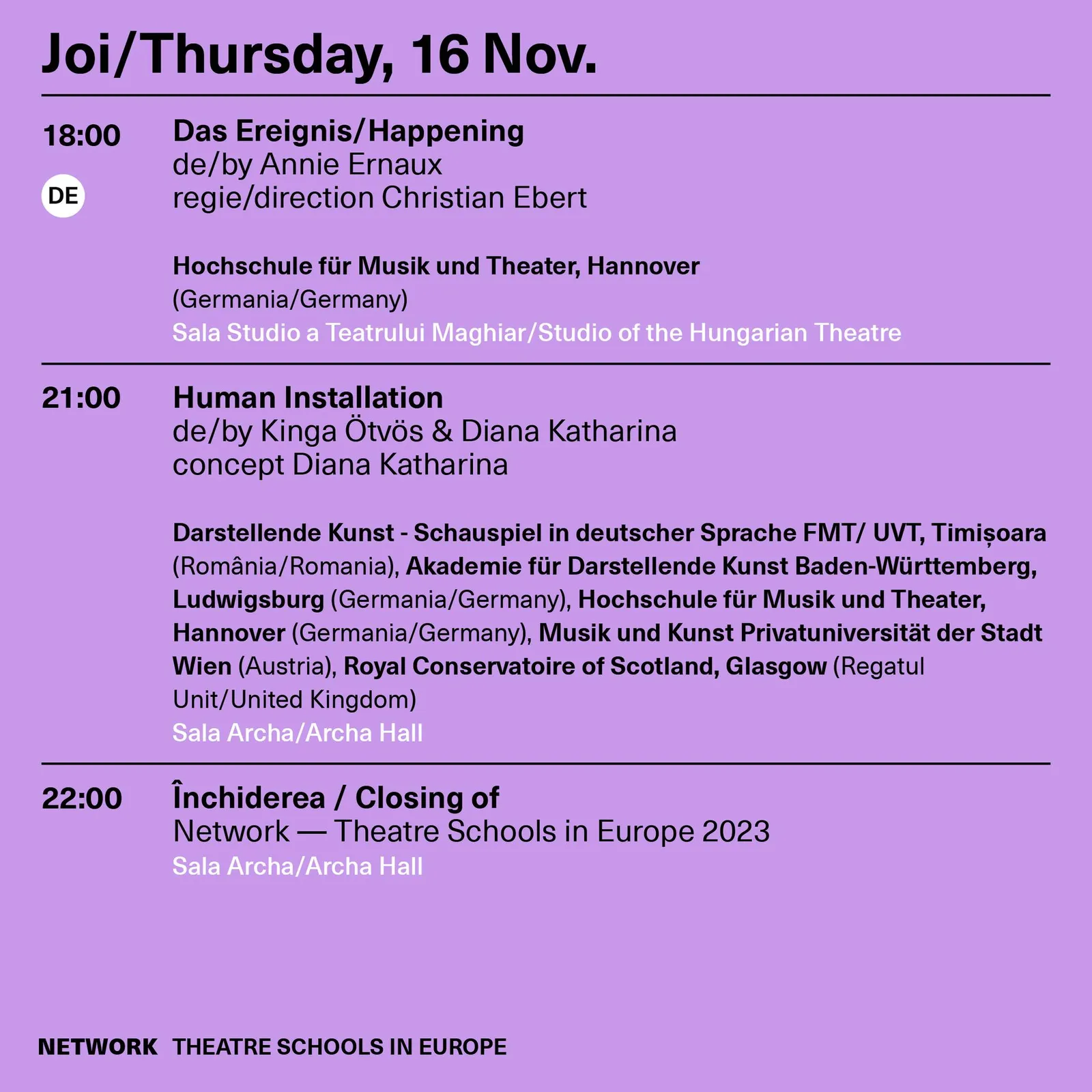 Network Theatre Schools in Europe | Program 16.11